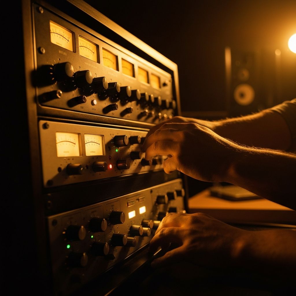 Mastering engineer adjusting analog outboard gear